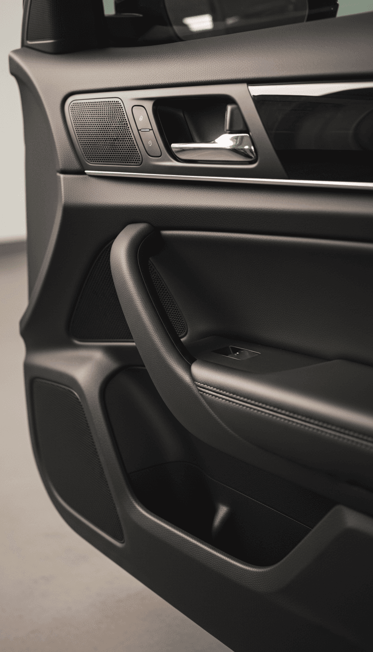 Clean car door panel with restored speaker grille and handle