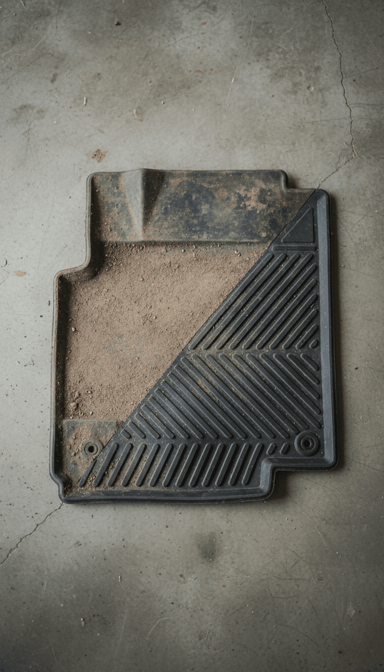 Car floor mat split showing deep cleaning results