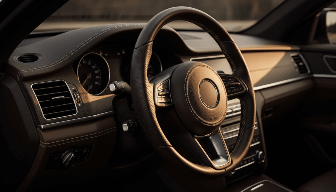 Close-up of a conditioned leather steering wheel and dashboard with warm natural light highlighting the grain