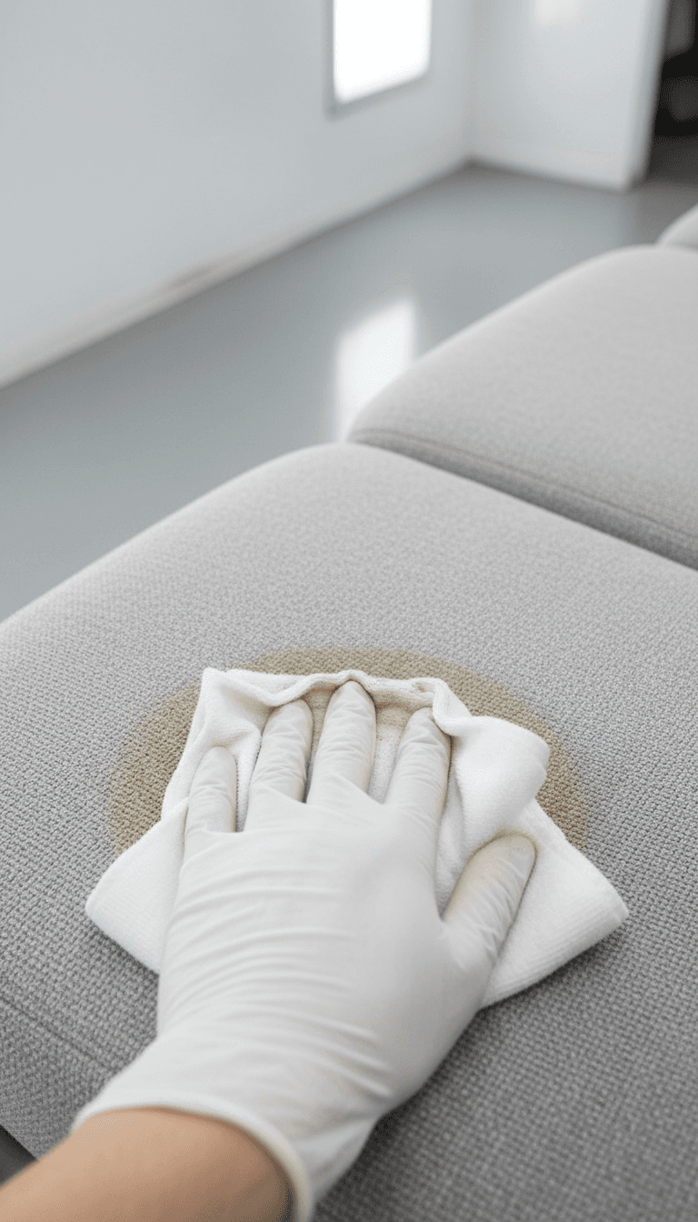 Gloved hand working on stain removal from fabric upholstery