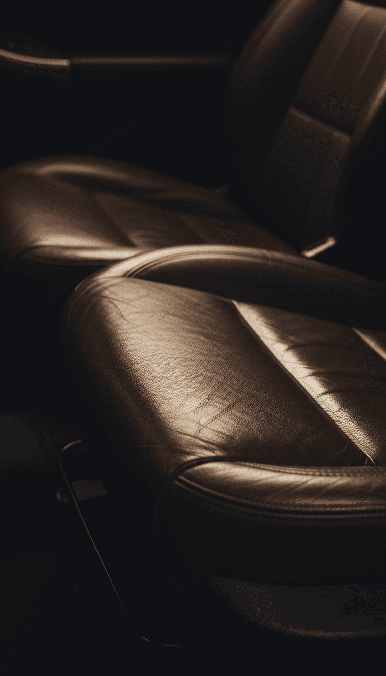 Extreme close-up of conditioned leather seat showing restored grain and sheen