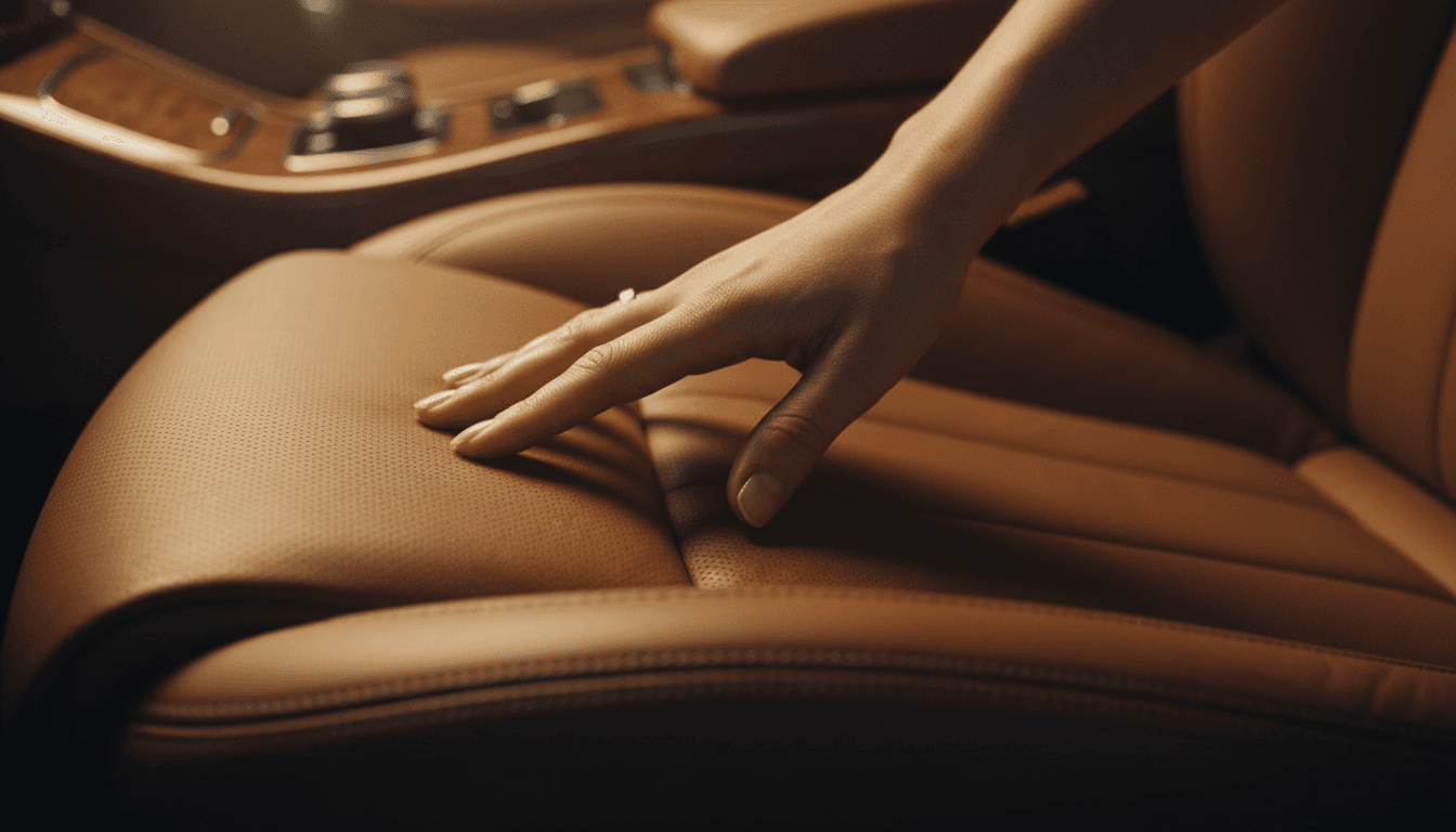 Hand resting on the surface of a freshly conditioned leather car seat in a luxury vehicle interior