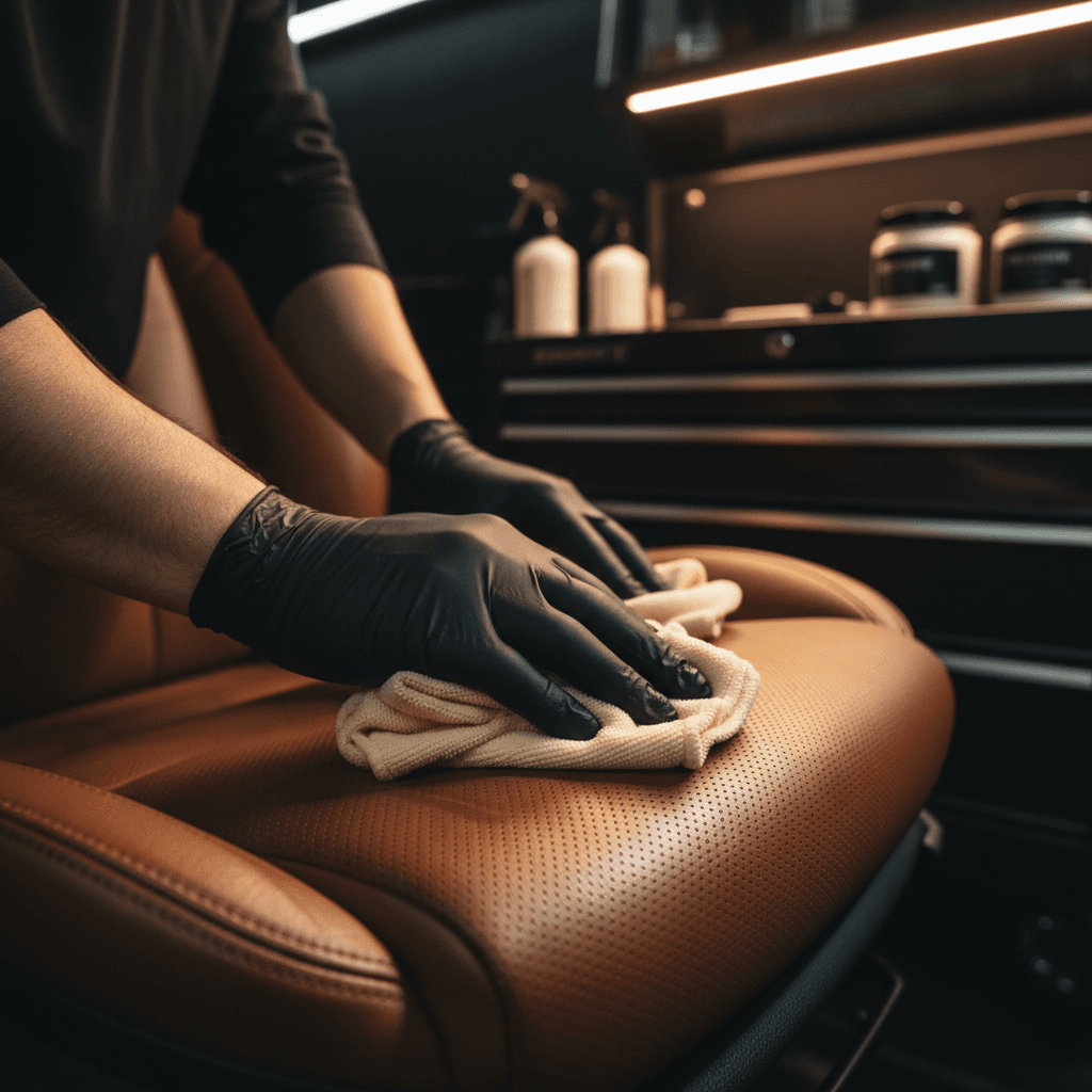 Detailer's hands conditioning a leather car seat