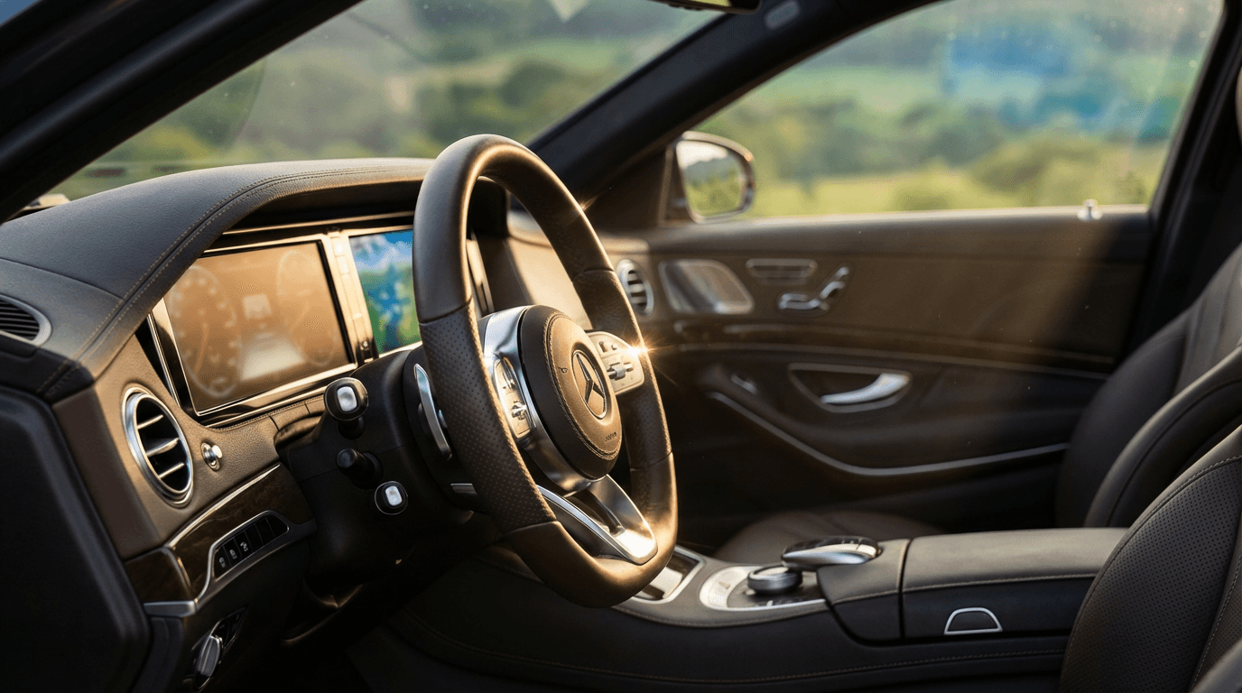 Meticulously conditioned leather interior of a vehicle, captured in soft natural light