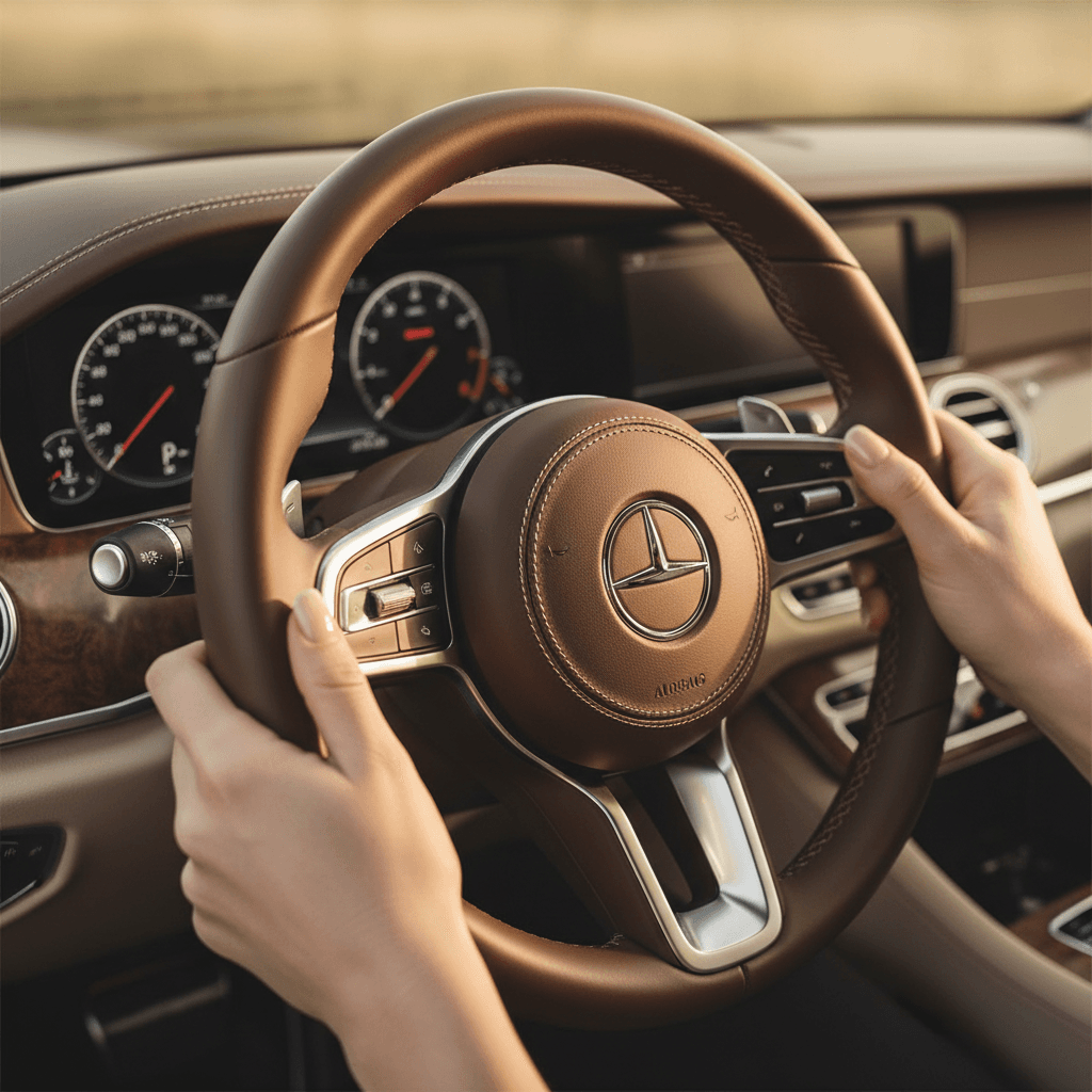 Leather steering wheel after conditioning, showing rich grain texture and subtle sheen
