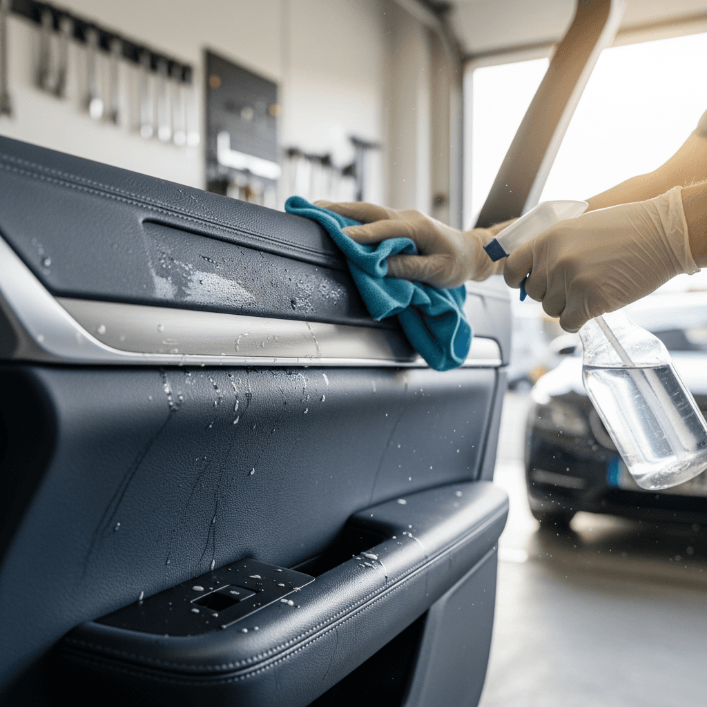Detailer cleaning steering wheel stitching with a brush