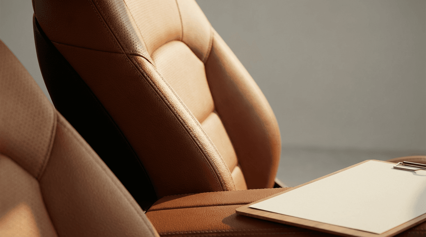 Gloved hand inspecting a leather car seat during a detailing assessment