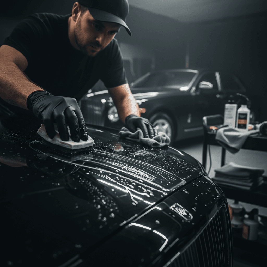Detailer inspecting a vehicle interior